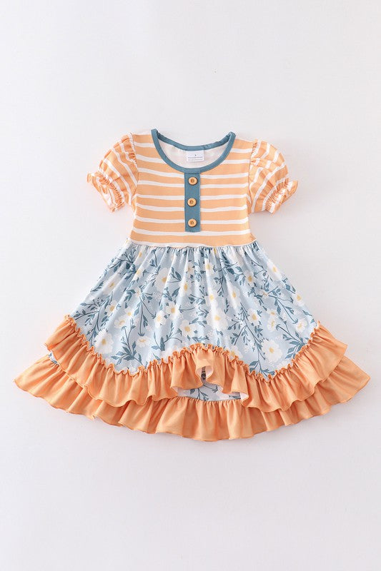 Mustard Stripe Floral Ruffle Dress