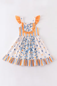 Orange Floral Print Ruffle Dress
