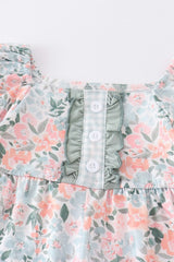 Green Floral Print Ruffle Girls Jumpsuit
