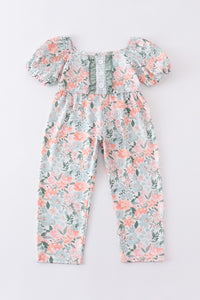 Green Floral Print Ruffle Girls Jumpsuit