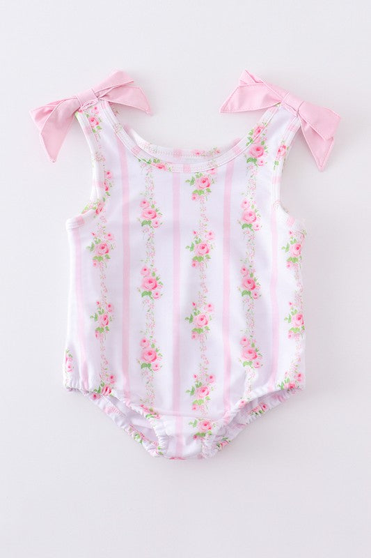 Pink Floral Print Bow Girl Swimsuit