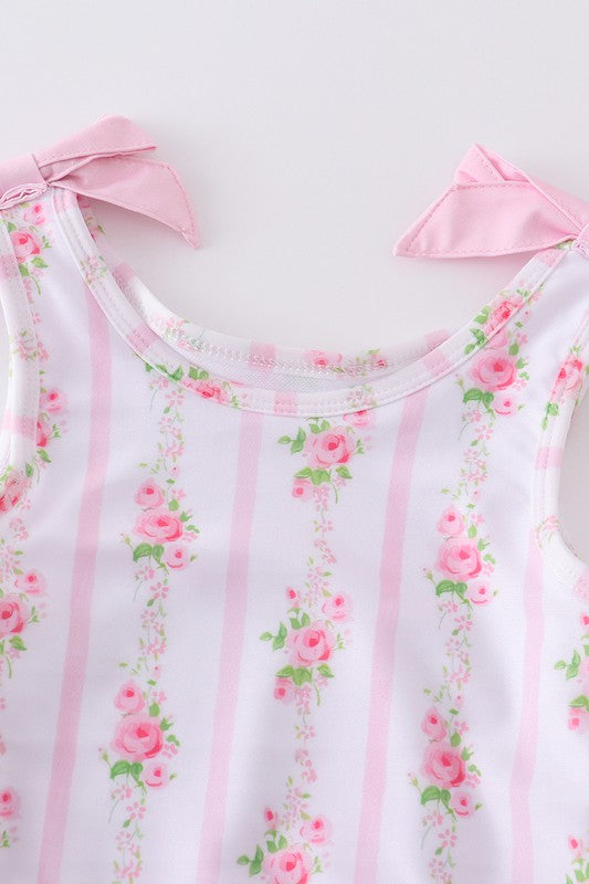 Pink Floral Print Bow Girl Swimsuit
