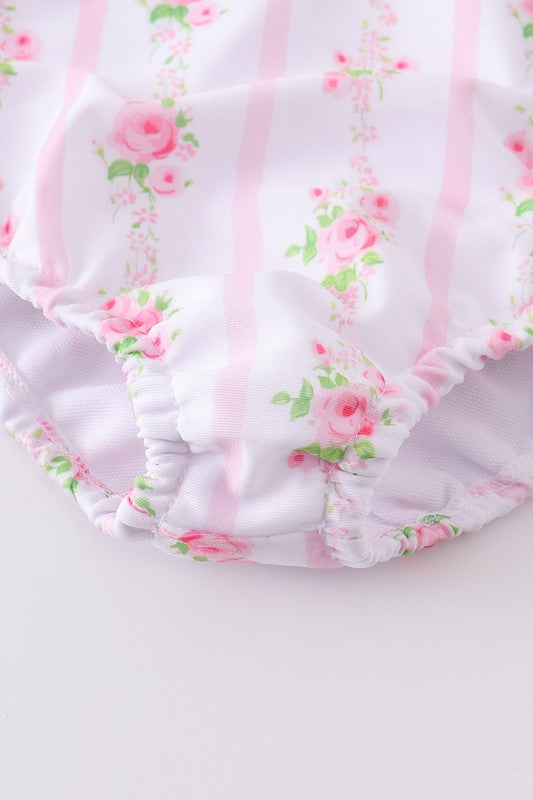 Pink Floral Print Bow Girl Swimsuit