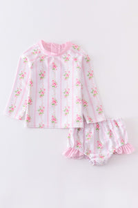 Pink Floral Print Ruffle Girl Swimsuit 