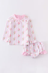 Pink Floral Print Ruffle Girl Swimsuit 