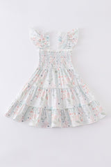 Green Floral Print Smocked Ruffle Dress