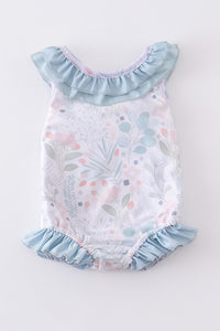 Green Floral Print Ruffle Girl Swimsuit