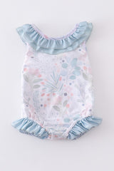 Green Floral Print Ruffle Girl Swimsuit
