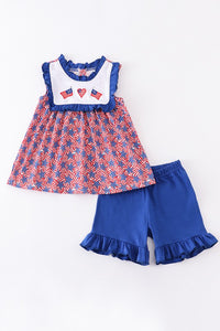 Navy Patriotic Flag Embroidery Girl Set