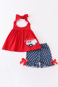 Red Patriotic Flag Applique Girl Set