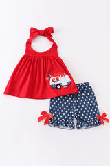 Red Patriotic Flag Applique Girl Set