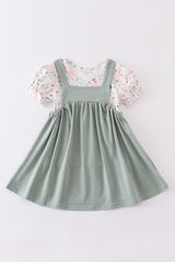 Green Floral Print Strap Dress Set 