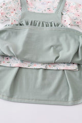 Green Floral Print Strap Dress Set 
