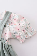 Green Floral Print Strap Dress Set 