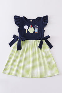 Navy Golf Embroidery Ruffle Plaid Dress