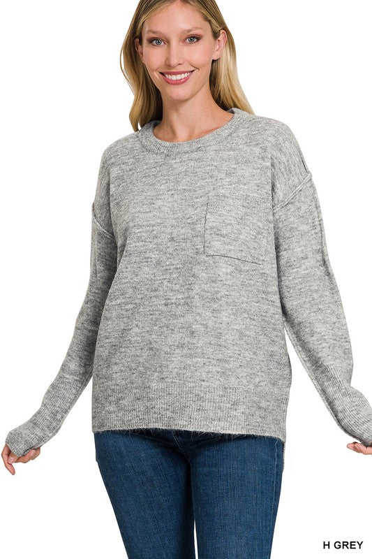 Melange Hi-Low hem Round Neck Sweater 