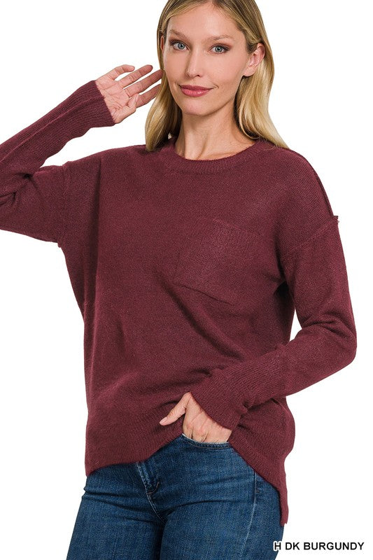 Melange Hi-Low hem Round Neck Sweater 