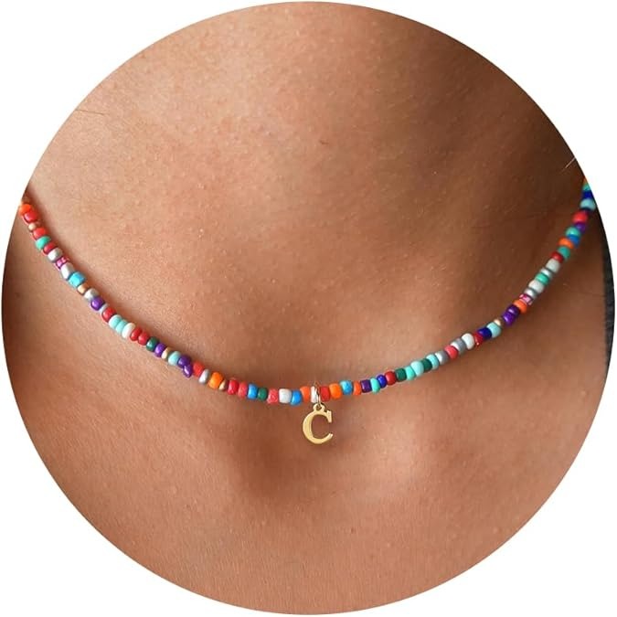 Colorful Beaded Initial Necklace Cute Personalized Jewelry Gift for Girls Women