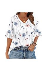 Trendy Women's V-Neck Floral Solid Blouse Ruffle Tunics