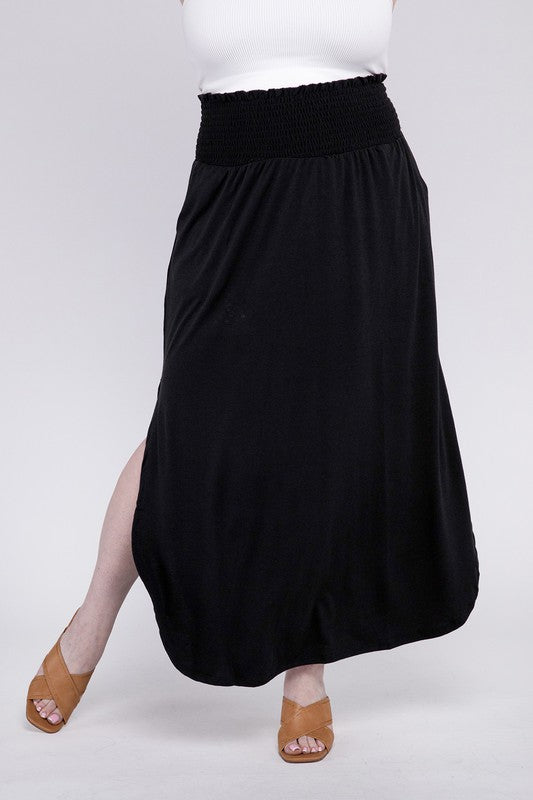 Plus Smocked Waist Side Slit Maxi Skirt w/ Pockets