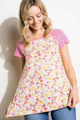 Plus Pin Stripe Floral Mixed Top