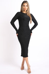 Ruffled Textured Long Sleeve Bodycon Dress 