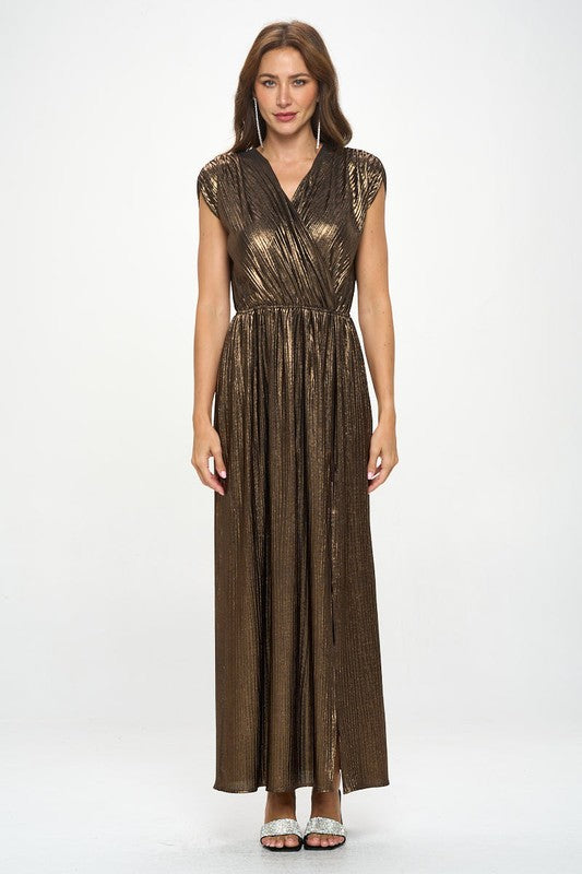 Made in Usa Sleeveless Metallic Brown Maxi Dress