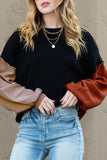 Color Block Cotton Knit Sweater Cropped Balloon