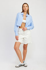 Striped Cropped Shirt With Cut Edge