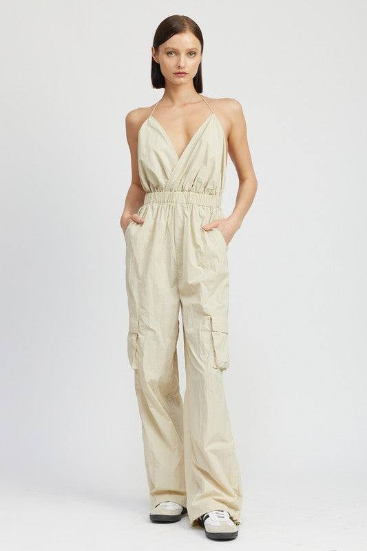 SPAGHETTI STRAP CARGO JUMPSUIT