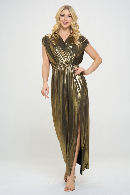 Made in USA Sleeveless Metallic Gold Maxi Dress