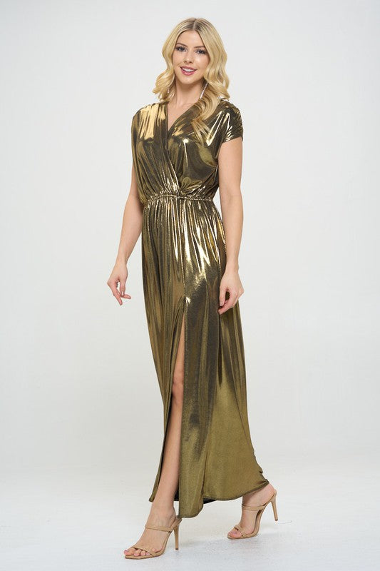 Made in USA Sleeveless Metallic Gold Maxi Dress