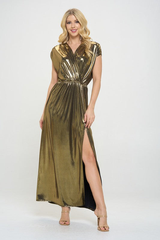 Made in USA Sleeveless Metallic Gold Maxi Dress