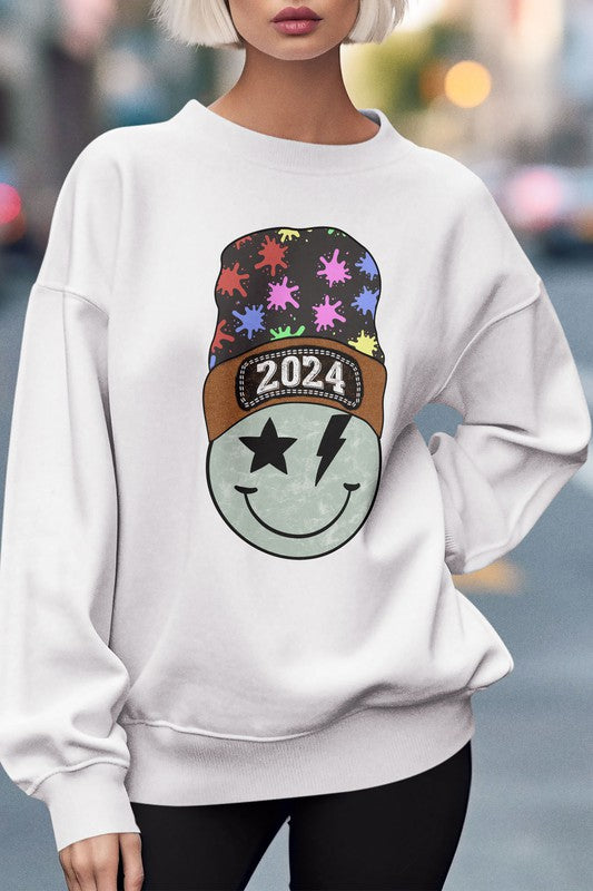 New Year 2024 Smiley Graphic Fleece Sweatshirt