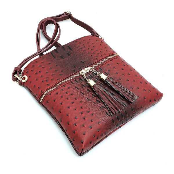 Ostrich Croc Zip Tassel Crossbody Bag