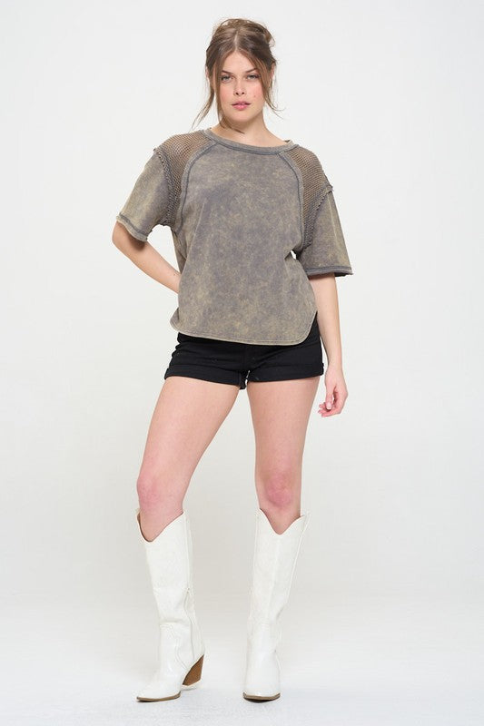 Mineral Washed Short Sleeve Fishnet Shoulder Top