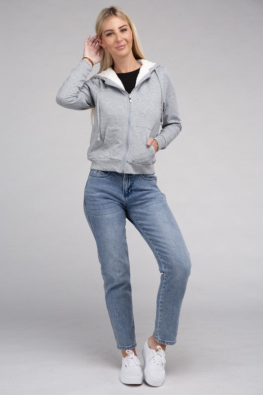 Fuzzy Trim Zip-Up Crop Hoodie