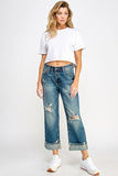 High Rise Distressed Cuffed Straight Jeans