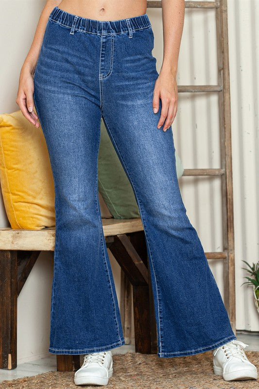 Elastic High Waist Flare Jeans