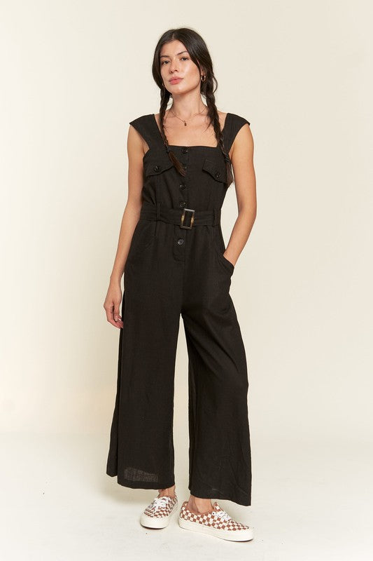 Sleeveless Square Neck Button Ankle Jumpsuit