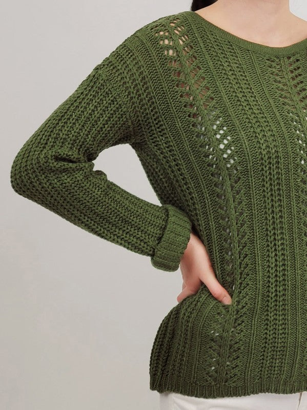 Leaf Crochet Detailed Rolled Up Sleeve Sweater