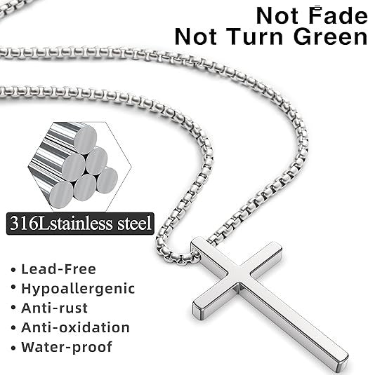 2 Pcs Men's Cross Necklace Stainless Steel Pendant Silver Black Chain