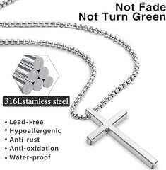 2 Pcs Men's Cross Necklace Stainless Steel Pendant Silver Black Chain