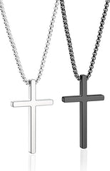 2 Pcs Men's Cross Necklace Stainless Steel Pendant Silver Black Chain