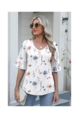 Trendy Women's V-Neck Floral Solid Blouse Ruffle Tunics