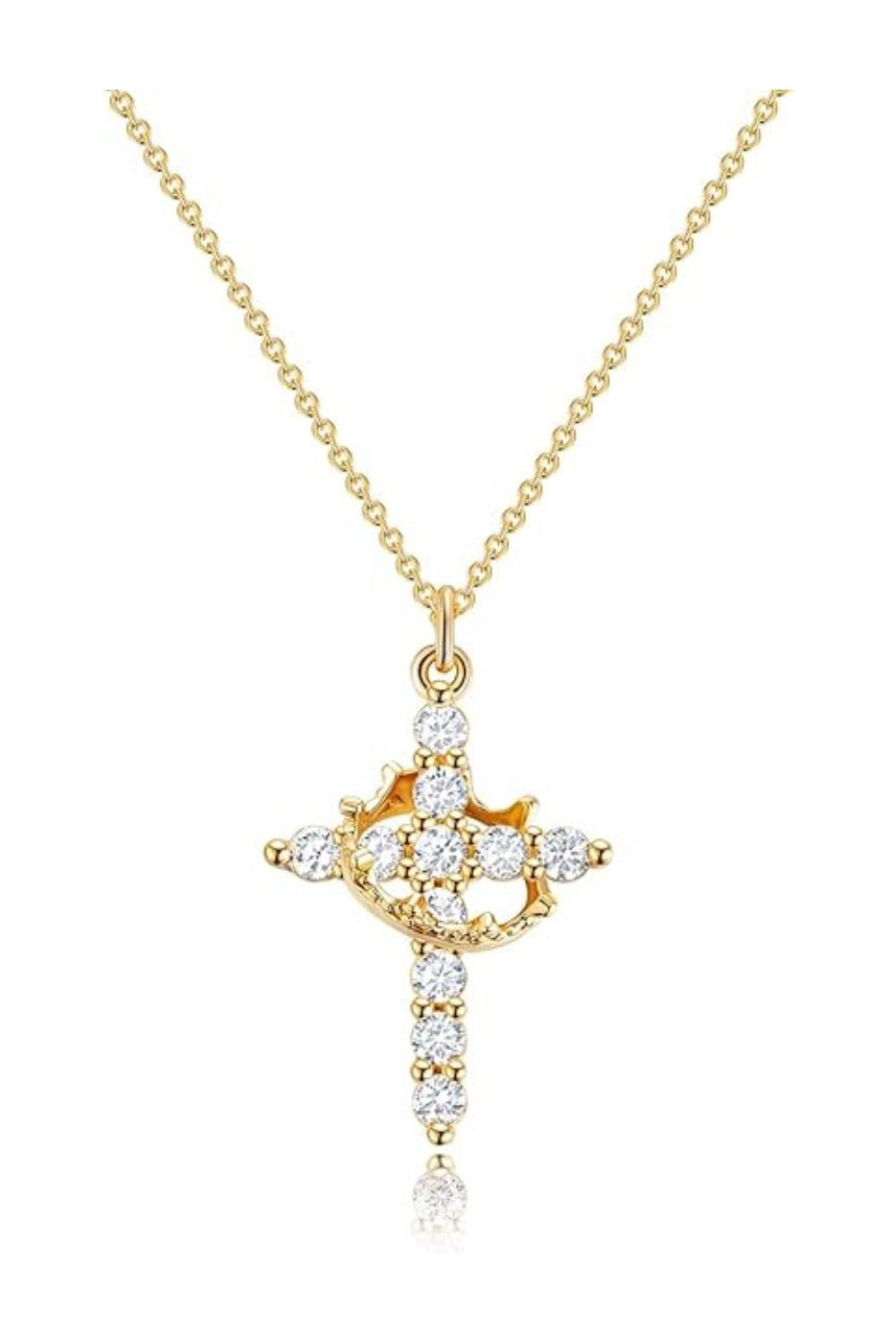 14K Gold Crown Cross Pendant Necklace