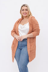 Plus Ribbed Popcorn Knit Long Open Hoodie Cardigan