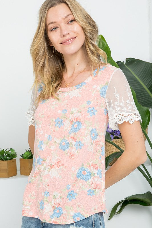 Floral Embroidery Lace Mixed Top