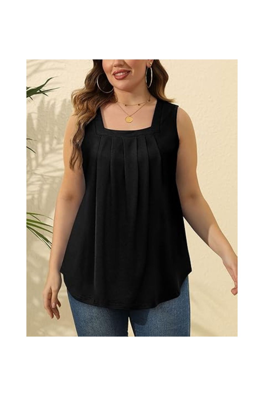 Trendy Women's Loose Fit Pleated Square Neck Tank
