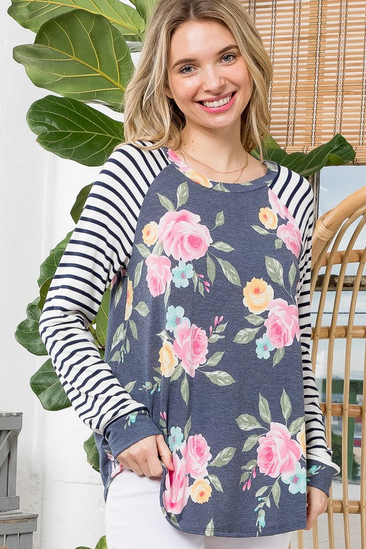 Plus Floral Stripe Mix Baseball Top